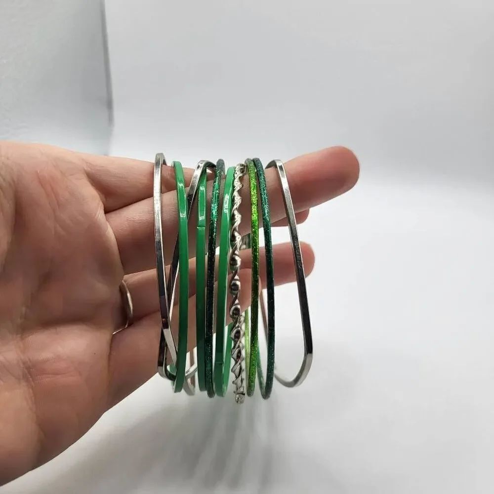 Lot of 10 Silver and Green Funky Belly Dance Bangle Bracelets